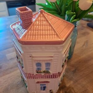 VICTORIAN HOUSE CERAMIC COOKIE JAR IN PINK & WHITE W/ TREE 10”GENUINE WEISS VICT